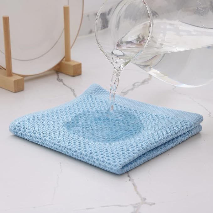 Kitinjoy 100% Cotton Kitchen Dish Cloths (12 X 12 Inches, Sky Blue),8 Pack Waffle Weave Ultra Soft Absorbent Dish Towels for Drying Dishes Quick Drying Kitchen Towels Dish Rags