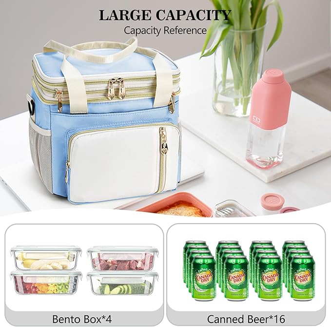 LOKASS Expandable Lunch Box for Women Men | Adult Lunchbag Cooler Tote Bag with Adjustable Shoulder Strap | Insulated Reusable Womens Lunch Bags for Work Camping Beach | 16L, Baby Blue