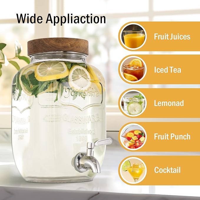 Mustry Glass Drink Dispenser for Parties, 1 Gallon Beverage Dispenser with Spigot Solid Stainless Steel, Used as Lemonade Dispenser Sun Tea Jar Kombucha Jar