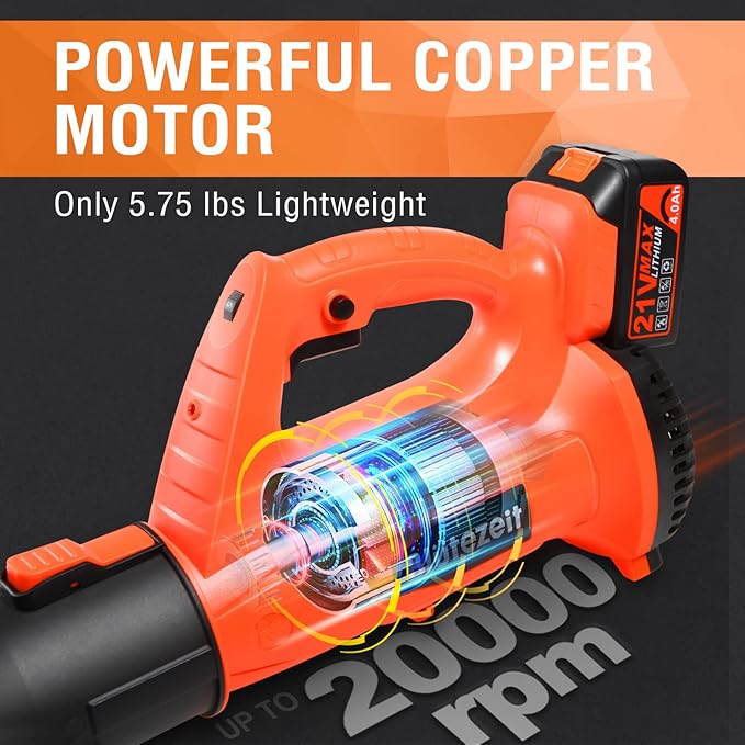 Blütezeit Cordless Leaf Blower - 21V Electric Yard Blower 350CFM 150MPH with 4.0Ah Battery & Charger, 6-Speed Adjustable for Lawn Care, Snow Blowing, Debris & Dust