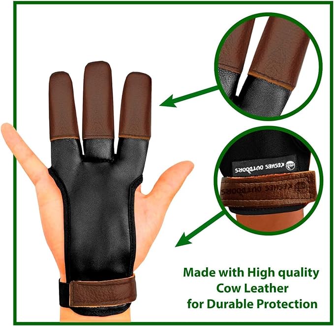KESHES Archery Glove - Three Finger Tab with Durable Leather Finger Protector for Recurve & Longbow Bows - Comfortable Guard for Men, Women, & Youth - Ideal for Archery Hunting & Target Practice