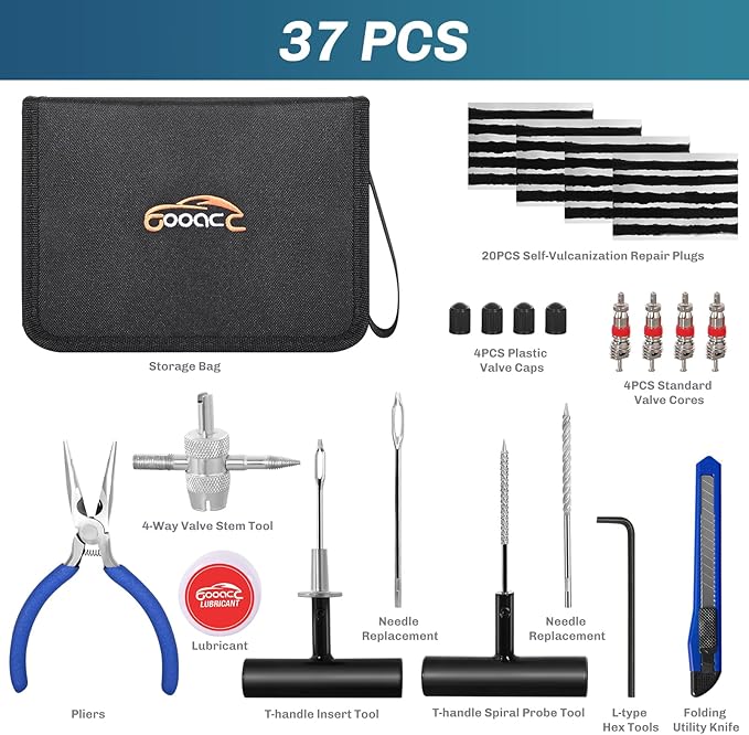 GOOACC Tire Repair Kit, 37 PCS Tire Plug Kit, Tubeless Tire Puncture Repair Tool for Car, Motorcycle, ATV, Tractor, Lawn Mower