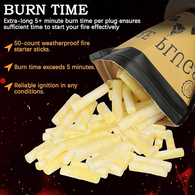50 Pack,Waterproof Fire Starters with 5+ Minute Burn Time for Emergencies, Campfires, Survival, Fire Pits, Grills - Yellow,Non-Toxic