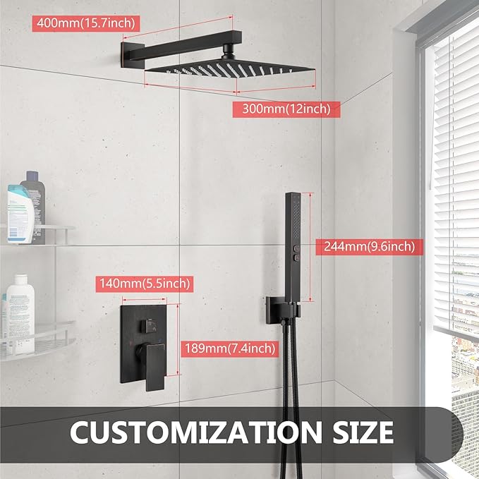 Shower Faucet Set Rainfall Shower System with Square Showerhead and Handle Set Fixture with 2 in 1 Function Handheld Sprayer Wall Mounted Trim Repair Kit Rough-in Valve 12 Inch Oil Rubbed Bronze