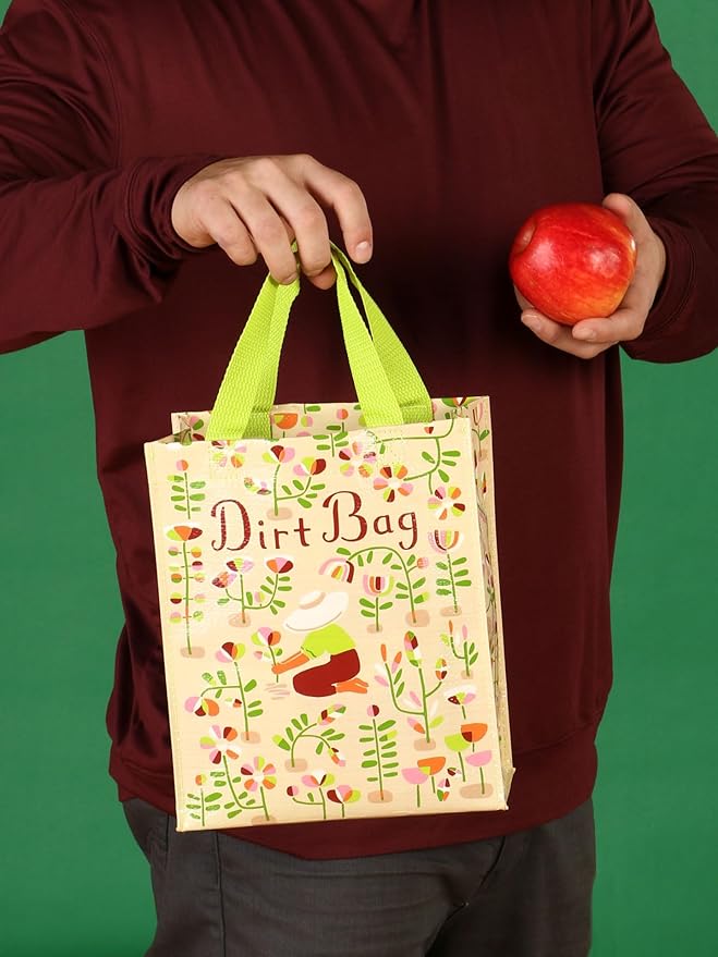 Blue Q Handy Tote, Dirt Bag. Reusable lunch sack, little gift bag for gardeners or plant lovers, easy-to-wipe-clean, 95% recycled material, 10" h x 8.5" w x 4.5" d