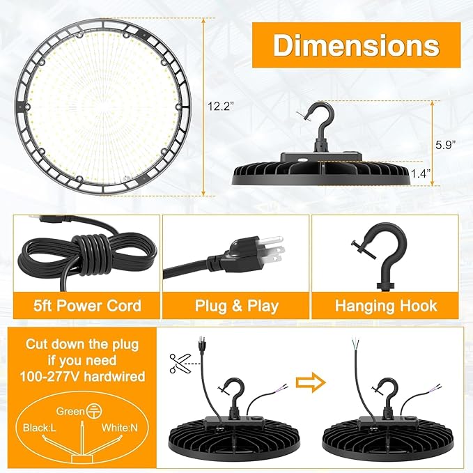 UFO LED High Bay Light 150W 120W 90W Adjustable High Bay LED Shop Lights 4500K 5000K 5700K Tunable 0-10V Dimmable for Warehouse Garage ETL DLC Listed AC100-277V