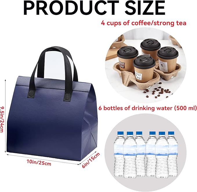 50 Pcs Insulated Take Away Bags, Disposable Lunch Bags For Food Takeaways, Coffee, Milk Tea, Seafood, Pizza, For Restaurants And Grocery Shops 9.5 x 6 x 10 In (Navy Blue)