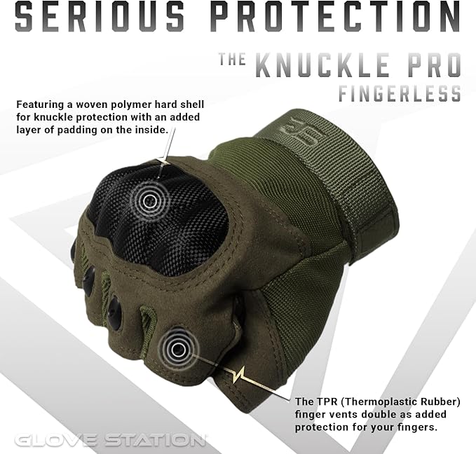Glove Station- Fingerless Knuckle Tactical Gloves for Men - Motorcycle Gloves for Tactical Shooting, Airsoft, Hunting, Police Work and Hiking