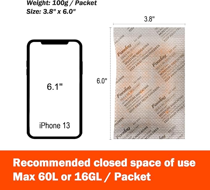 16Packs x 100Gram Fonday Rechargeable Silica Gel Desiccant Packets Food Grade Fast Reactivate Desiccant Bags Moisture Indicating Orange to Green for Food Storage, Electronics, 3D Filament & Safes