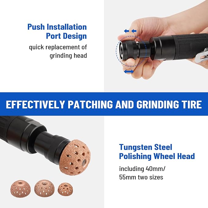 Air Tire Repair Polish Patch Tools, Include 2500rpm Low Speed Air Tire Buffer Tire Inner Liner Scrapper Patch Roller Tungsten Steel Buffing Wheel
