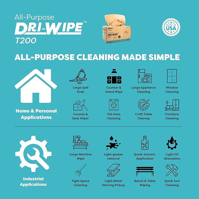 Dri-Wipe™ T200 by SMPLY Brands – Two-Ply Center-Pull Kraft Wipes, 18 Boxes of 125 (2,250 Total) – All-Purpose Disposable Wipes for Retail, Food Prep, Window Cleaning, and Light Spills
