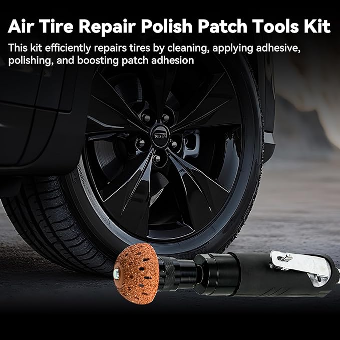 Air Tire Repair Polish Patch Tools Kit, with 2500 RPM Low Speed Air Tire Buffer, Tire Inner Liner Scrapper, Patch Roller, Tire Buffer Wheel