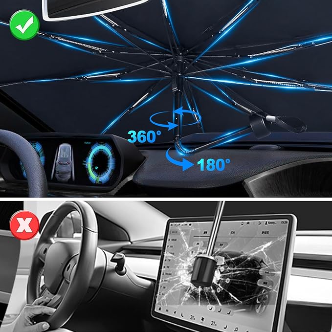 [2025 Upgrade] Car Windshield Sun Shade Umbrella - [10 Fiberglass Ribs][360° Bendable][100% Sun Block] [240T Thickened Titanium Silver ] Ice-Shield Protect Car from Sun Rays Heat Damage 57" x 31"