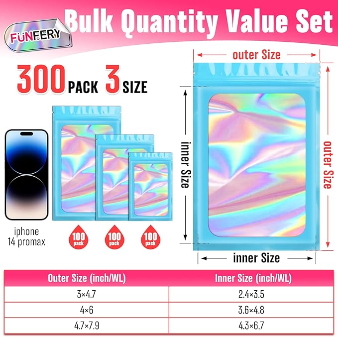 Funfery 300 Pack 3 Size Mylar Holographic Bags with Clear Window,Resealable Bag Smell Proof Foil Baggies Packaging Pouch for Food Storage,Sample,Small Business(Blue,3x4.7,4x6,4.7x7.9in)