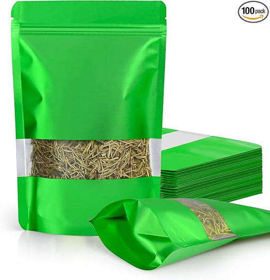 FireKylin 100 Pack Smell Proof Bags 7.1" x 10.2", Resealable Bags with Matte Window, Foil Pouch Stand Up Sealable Bags for Packaging（Green）