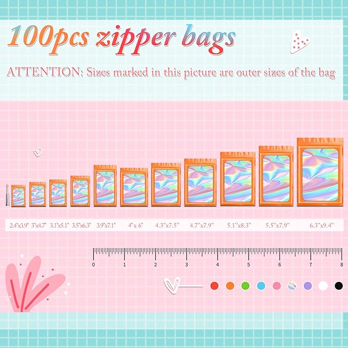 Funfery 100 pcs Orange Smell Proof Mylar Holographic Bags Packaging Bags,Clear Resealable Odor Proof Bag Foil Pouch Bag for Food Storage,Lipgloss,Jewelry,Lash Packaging for Small Business(2.4x3.9In)