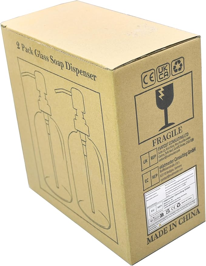 Pack of 2 Glass Soap Dispenser with Pump, 400 ml Liquid Soap Dispenser for Washing Up Liquid, Shampoo and Lotion, Refillable Soap Dispenser for Kitchen, Bathroom, Laundry Room (Amber)