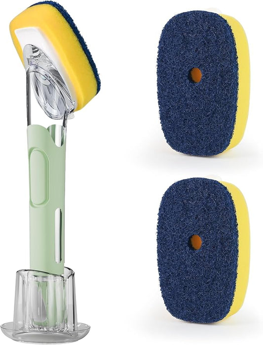 Dish Brush with Soap Dispenser Storage Set with 2 PCS Sponge Refills & Holder, Soap Dispensing Dish Brushes, Sponge with Soap Dispenser Handle, Dish Sponges with Handle for Dishes Pans Pots Sink