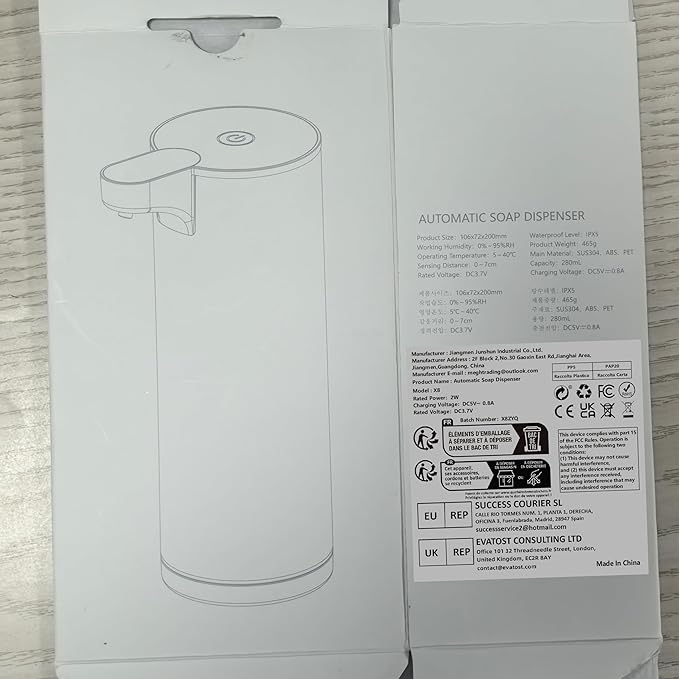 Automatic Soap Dispenser Stainless Steel with Sensor Infrared Soap Dispenser Electric IPX5 Waterproof USB-C Charging Motion Sensor for Kitchen & Bathroom (White Foam)