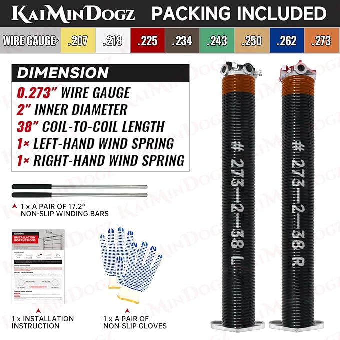 Pair of 2" Garage Door Torsion Springs Set with Non-Slip Winding Bars&Gloves, High Quality Precision Electrophoresis Oil-Free Black Coated for Replacement, MIN 16,000 Cycles (0.273x2''x38'')