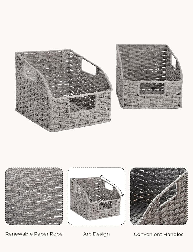 StorageWorks Wicker Baskets for Organizing, Pantry Organizers and Storage, Round Paper Rope Storage Basket for Pantry Shelves, Kitchen Counter, Gray, 2 Pack