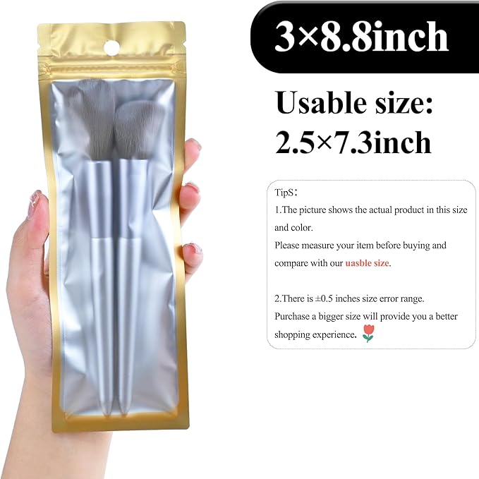 100 Pack Resealable Plastic Bags for Food Storage, Zipper Bags with Clear Front Window, Packaging Pouch for Small Business (Gold, 3x8.8 inch)