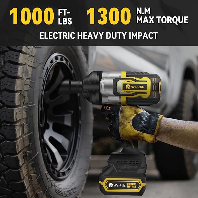 Cordless Impact Wrench 1/2 Inch, 1000 Ft-lbs High Torque, 21V Brushless Impact Gun w/ 4.0 Ah Battery, Fast Charger, 5 Sockets and Tool Bag