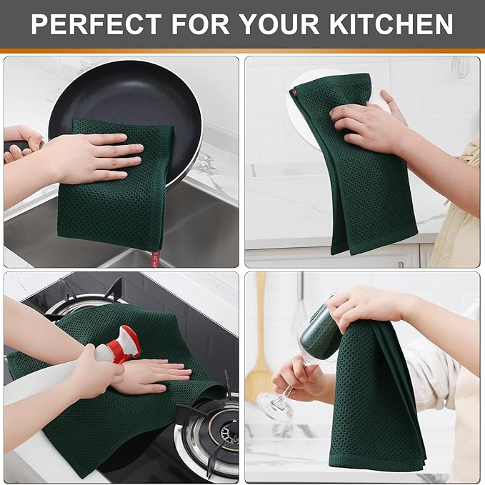 Kitinjoy 100% Cotton Waffle Weave Kitchen Towels, 4-Pack Super Soft and Absorbent Dish Towels for Drying Dishes, Kitchen Hand Towels, 13 in x 28 in, Blackish Green