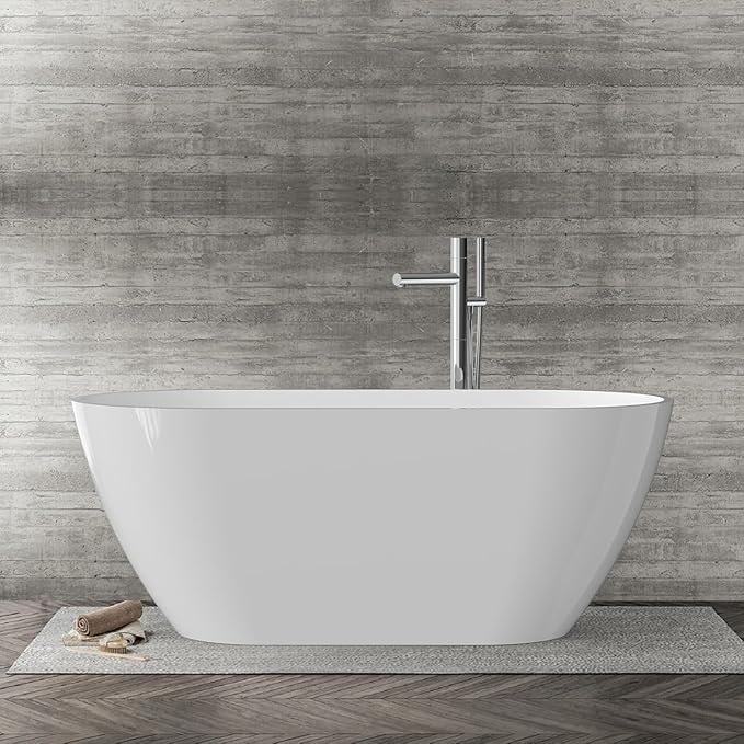 Freestanding Bathtub, Acrylic, Deep Soaking Tub with Non-Slip Base, CUPC Certified Free Standing Tub, Chrome Drain Bath Tub, Modern Tub for Bathrooms, White, 59''