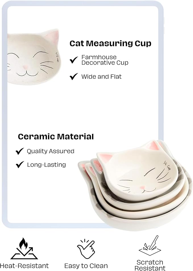 Cute Measuring Cups and Spoons Set - Cat Mom Gifts for Women - Cat Kitchen Accessories for Baking Gifts - Ceramic Measuring Spoons for Unique Baking Supplies - Fun & Decorative Kitty Cup for Cooking