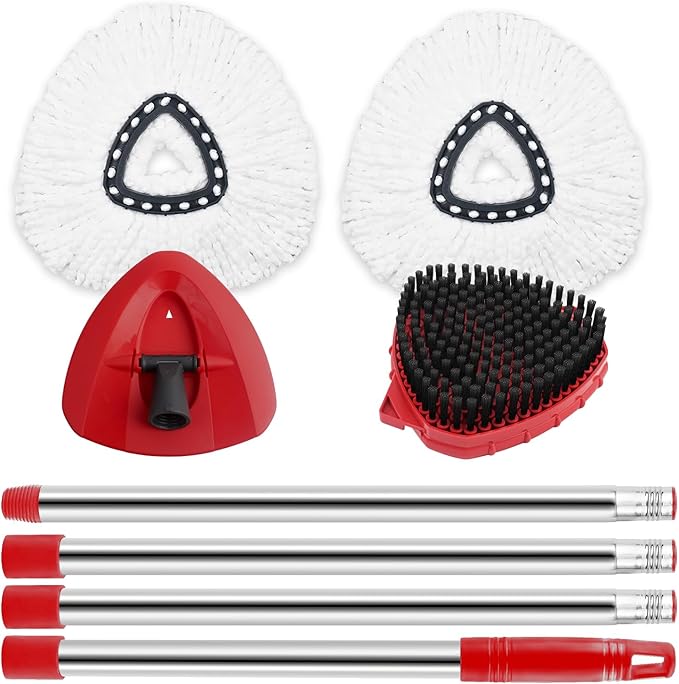 Spin Mop Replacement Mop Compatible with O Cedar 1 Tank System, 2 Microfiber Mop Heads Replacements, 58" Mop Replace Handle, 1 Scrub Brush Attachment and 1 Mop Base for Ocedar EasyWring Spin Mop