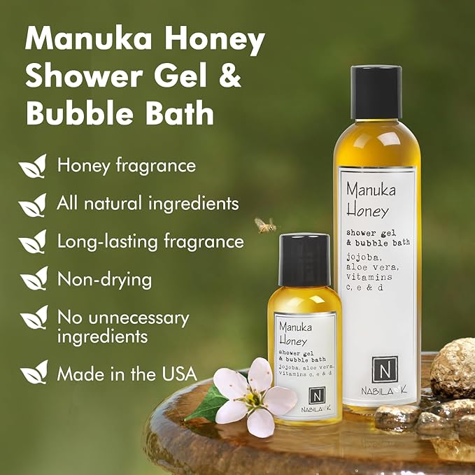 Nabila K Manuka Honey Shower Gel & Bubble Bath, 2.4 oz – Non-Drying Body Wash with Jojoba, Aloe Vera & Vitamins – Naturally-Derived, Sulfate-Free – Made in USA – For Men & Women