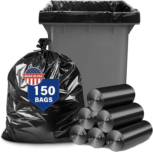 55-60 Gallon Trash Bags, 150 Count 38x55" Large Garbage Bags, Made in USA, High Density Multi-Use Lawn Leaf bags, Heavy Duty Waste Bags, Large Trash Liners for Kitchen Yard Outdoor Commercial Use