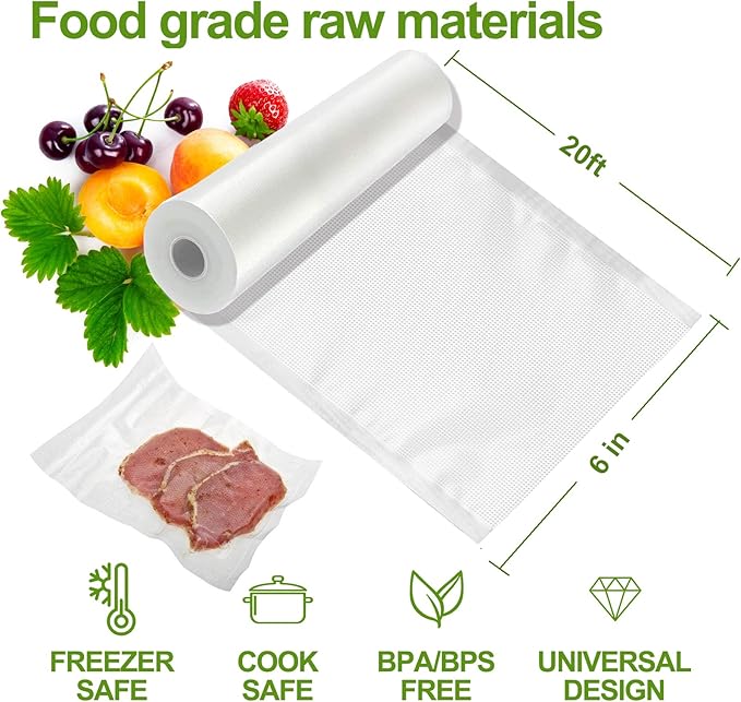 W&Y Vacuum Sealer Rolls 6” x 20’, 3 Rolls BPA-Free Commercial Grade Embossed Bags for Freezer Storage, Sous Vide, and Food Packing