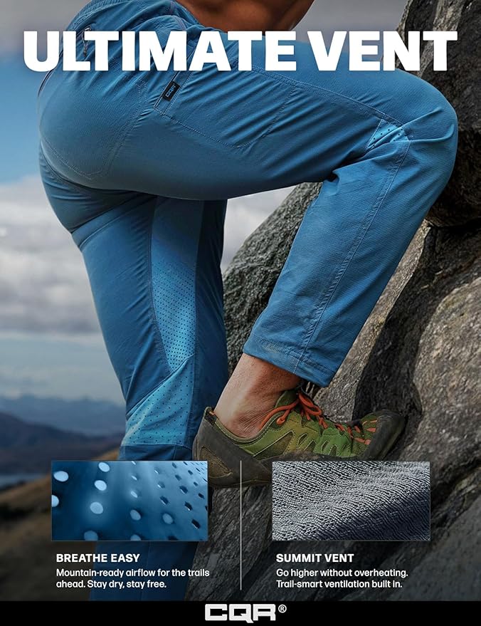 CQR Men's Lightweight Vent Hiking Pants, Water-Resistant & Breathable Sports Outdoor Athletic Pants with Elastic Waist