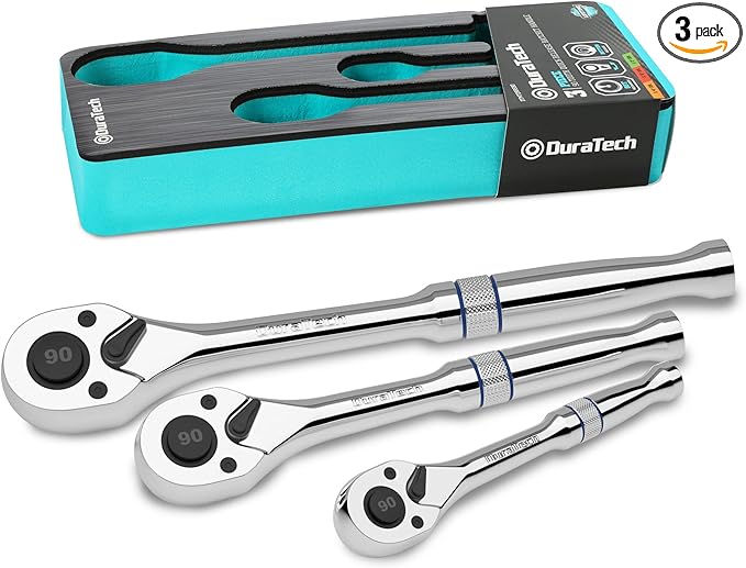 DURATECH 3-Piece Drive Ratchet, 1/4", 3/8", 1/2" 90-Tooth Quick-release Ratchet Wrench, Reversible, Chrome Alloy Made, Full Polished, Mens Stocking Stuffers Gifts for Men Gifts for Women Gifts for Dad