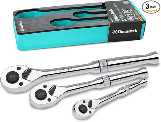 DURATECH 3-Piece Drive Ratchet, 1/4", 3/8", 1/2" 90-Tooth Quick-release Ratchet Wrench, Reversible, Chrome Alloy Made, Full Polished, Mens Stocking Stuffers Gifts for Men Gifts for Women Gifts for Dad