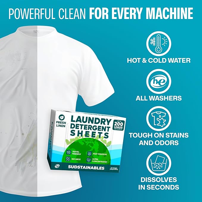 Sudstainables Laundry Detergent Sheets 200 Loads – Dissolvable Laundry Sheet for Washing Machines, Compact Alternative to Liquid & Powder Detergent, Travel-Friendly Soap | Fresh Linen