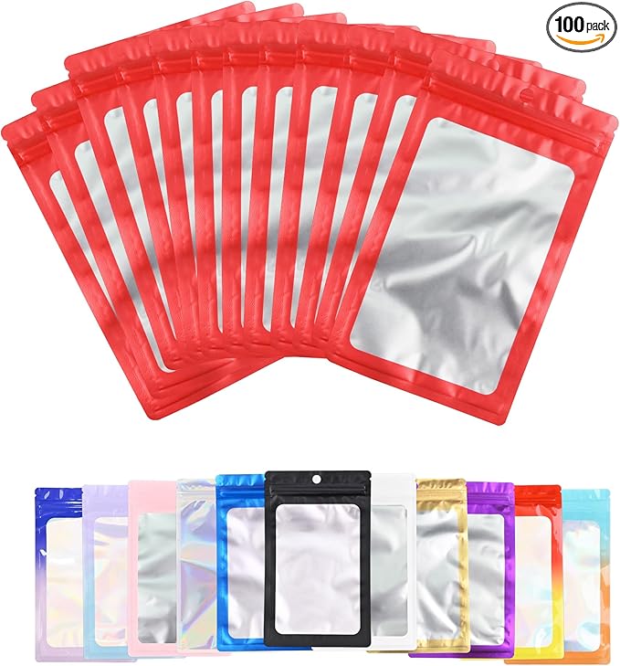 100 Pack Resealable Plastic Bags for Food Storage, Zipper Bags with Clear Front Window, Packaging Pouch for Small Business (Red, 2.4x3.9 inch)