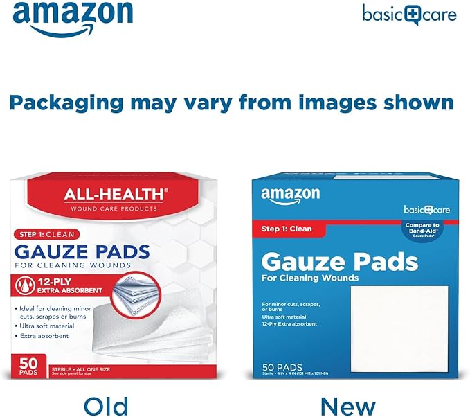 Amazon Basic Care Gauze Pads, 4x4 inches, Sterile, 50 Count | Pack of 4 | For Minor Injuries | Previously All Health