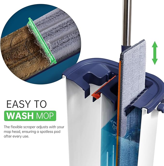 Mop and Bucket with Wringer: Hands-Free for Floors & Walls | Adjustable 360" Stainless Handle & 6 Reusable Microfiber Pads | Housewife/Parent-Friendly Design
