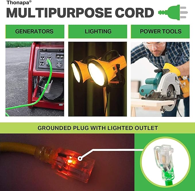 12 Gauge Extension Cord 10 ft for Outdoor - 12/3 Heavy Duty Extension Cord 10 Foot 3 Prong Grounded Plug 15 Amp, Neon Green High Visibility Electric Cable Great for Major Appliances