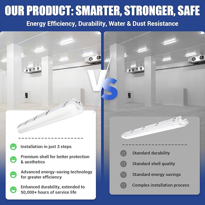 4FT LED Vapor Tight Light 60W/50W/40W,4000K/5000K/6000K CCT Selectable 7800lm (150W Eq.) IP65 Waterproof Outdoor Shop Light LED Vapor Proof Fixture for Car Wash, Parking Lot, Garage 1-Pack