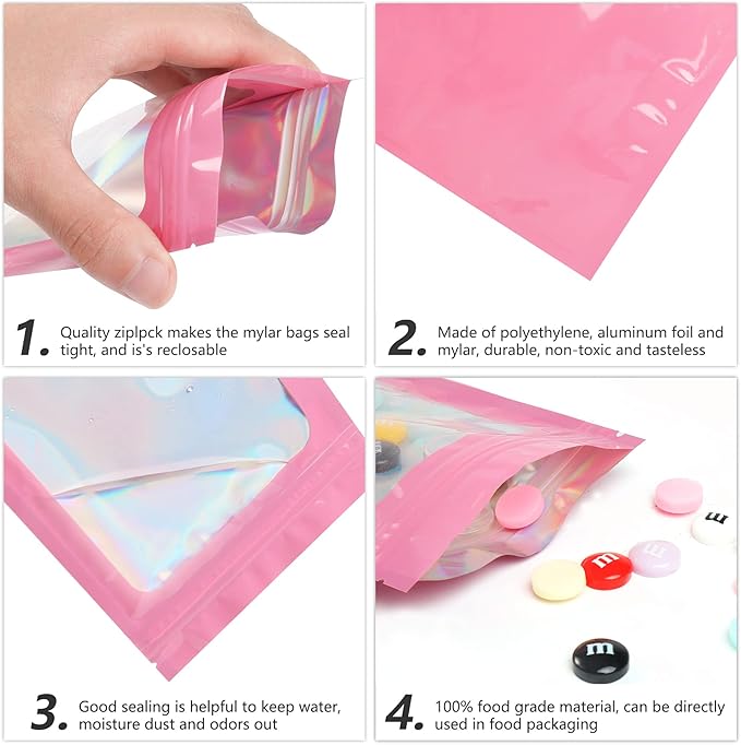 Funfery 100 pcs Pink Smell Proof Mylar Holographic Bags, Clear Resealable Odor Proof Foil Pouch Bag for Food Storage, Jewelry, Eyelash Packaging,Gloss,Small Business (6.3x9.4In)