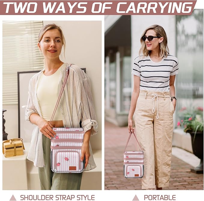 Insulated Lunch Bag for Women Men, Reusable 3 Layers Lunch Box Women, Expandable Reusable Water-resistant Lunch Box for Work Travel Office Picnic Hiking (Pink)