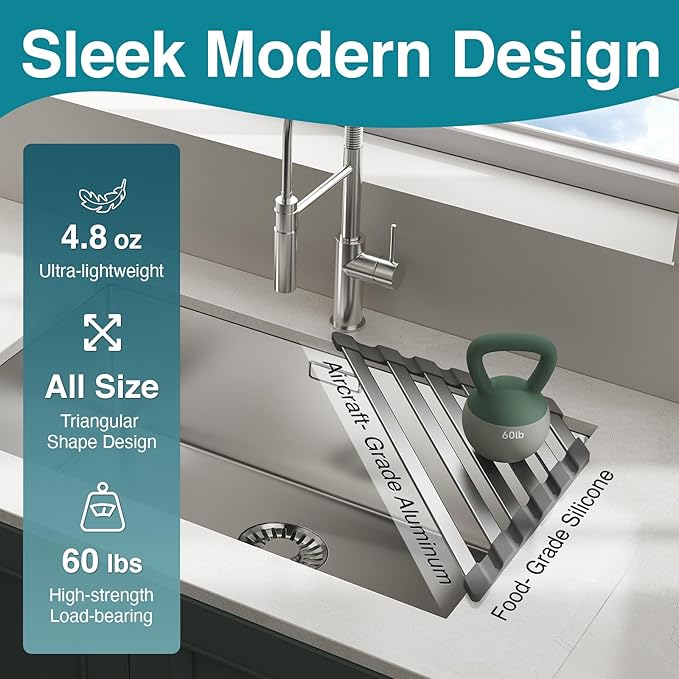 Triangular Dish Drying Rack, Sponge Holder for Kitchen Sink Multipurpose Over The Sink Aluminum Draining Rack Non-Slip, Easy to Clean and Space Saving, Triangular 16 x 9.5inch Matte Grey