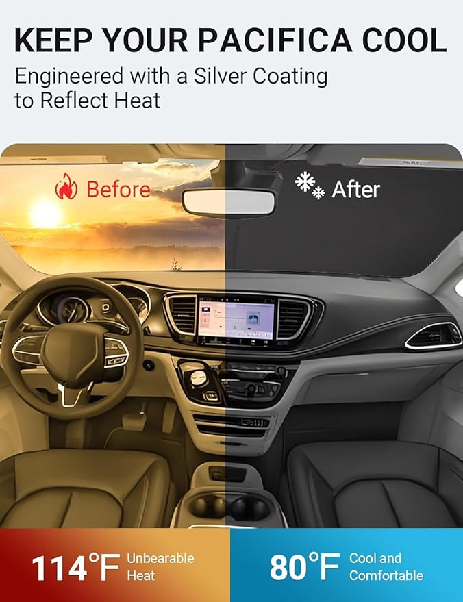 Proadsy 2025 Upgrade Windshield Sun Shade Custom Fit Chrysler Pacifica 2017-2024 2025 4-Layer Foldable Front Sunshade Protector Sun Visor Blocks UV Rays Keep Car Cooler Accessories