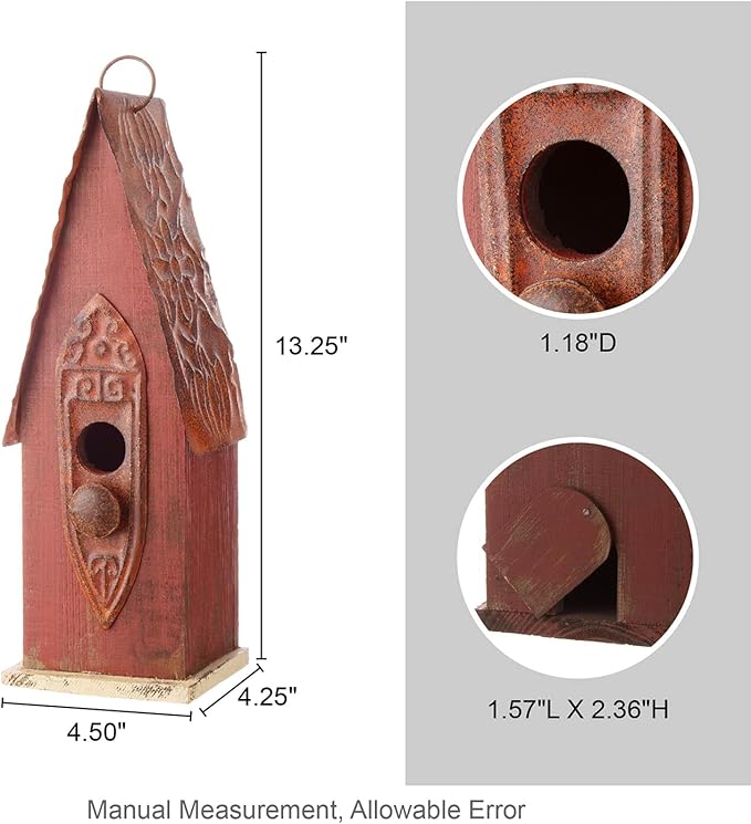Glitzhome Hand Painted Distressed Hanging Wood Bird House for Outdoors 13.25" H