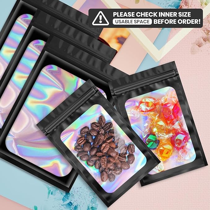 Funfery 100 pcs Black Mylar Holographic Resealable Bags,Clear Packaging Bag Odor Proof Foil Pouch Bag for Food Storage, Lipgloss, Jewelry, Eyelash Packaging for Small Business - 3x4.7 Inch