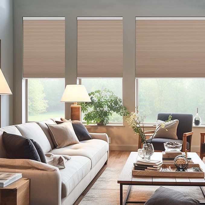 Changshade Cordless Cellular Shades, Blackout Honeycomb Shades for Windows, Pull Down Pleated Blinds, Easy to Install for Indoor Windows and French Doors,21" W x 36" H, Light Brown